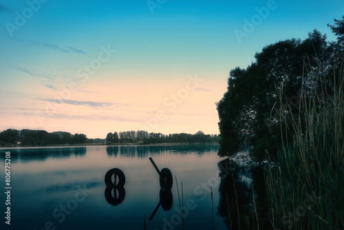 See am Morgen zu Blauenstunde  - See - Wasser - Sunset - Sunrise - Colorful - Clouds - Sky - Sundown - Sun - Reed - Wünsdorf - Zossen - Brandenburg - Deutschland - High quality photo photo