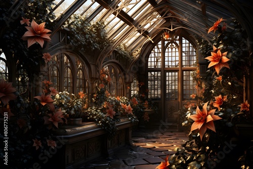 A beautiful shot of a gothic garden with flowers and plants