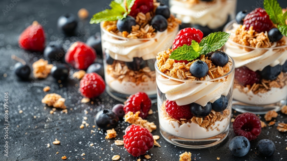 A collection of desserts atop a table, adjacent to raspberries, blueberries, and granula A collection of desserts atop a table, adjacent to raspberries, blueberries, and granula