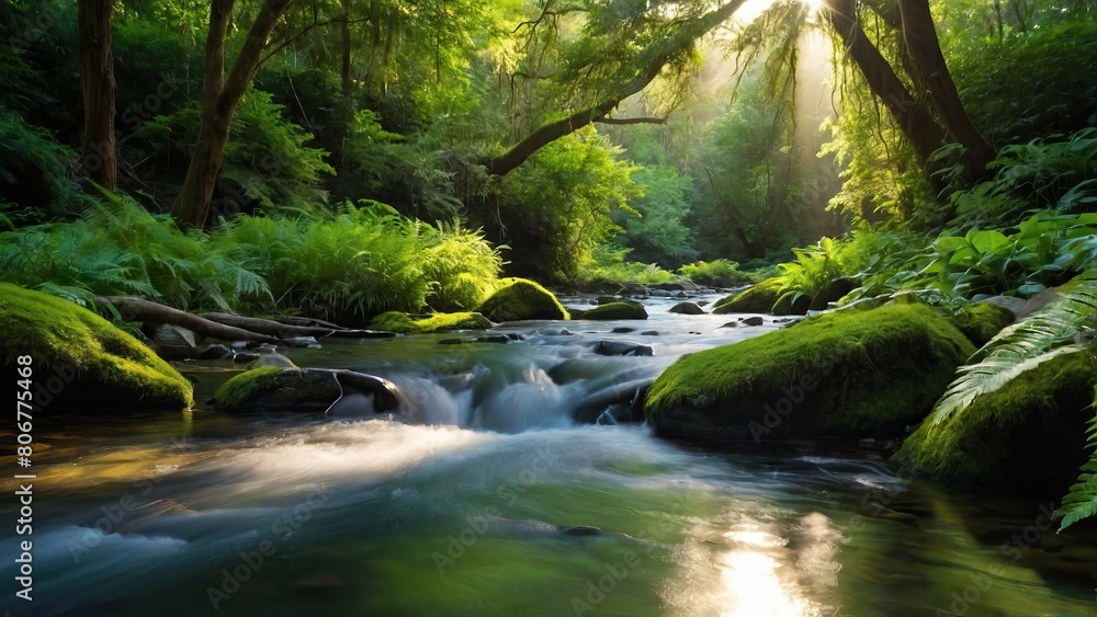 Fototapeta premium Serene stream flows through a sun dappled forest