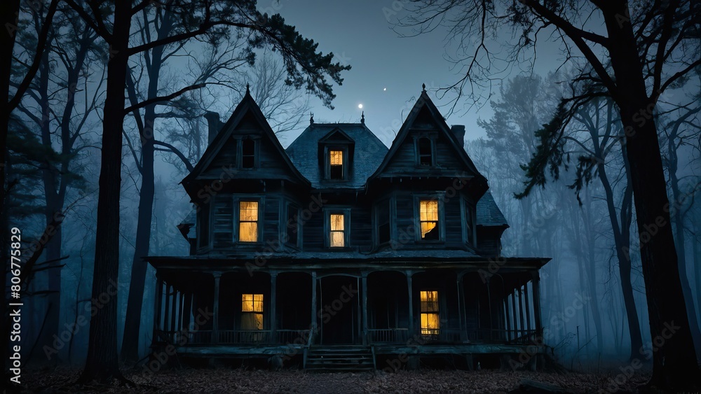 Eerie haunted house in foggy woods with glowing windows Eerie haunted house in foggy woods with glowing windows