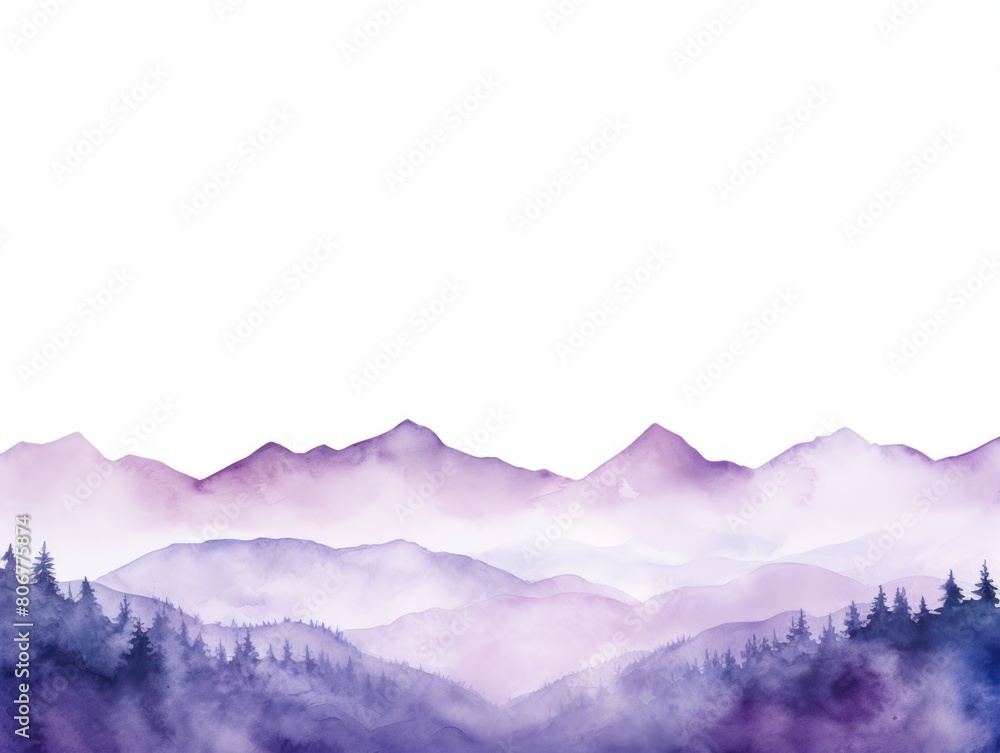 Purple tones watercolor mountain range on white background with copy space display products blank copyspace for design text photo website web banner 