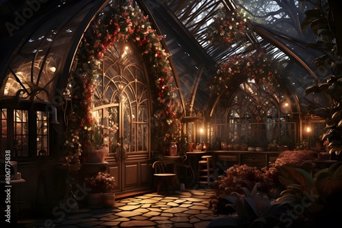 3D rendering of a Christmas theme in a greenhouse at night. © Michelle