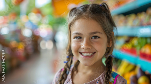 Wallpaper Mural Cheerful young girl with braided hair smiles brightly in a colorful supermarket aisle. Torontodigital.ca