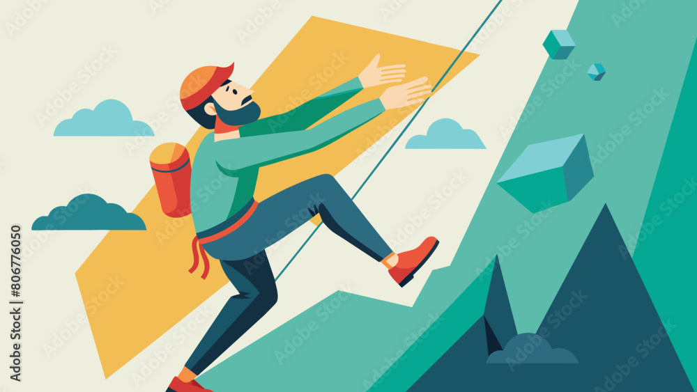 Despite fatigue the climber puts all their energy into reaching for the next hold a determined look on their face.. Vector illustration