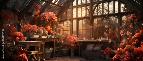 Autumn in a greenhouse, panoramic view of autumn garden