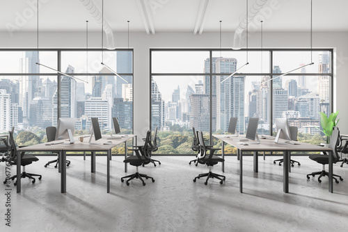 A modern office work space with desks, chairs, and computers cityscape background concept of corporate environment. 3D Rendering