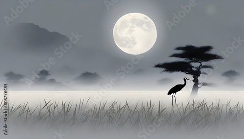 A majestic crane standing against a full moon.