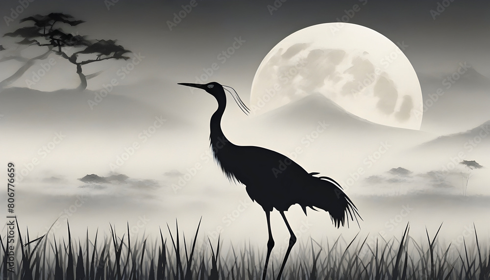 A majestic crane standing against a full moon. A majestic crane standing against a full moon.