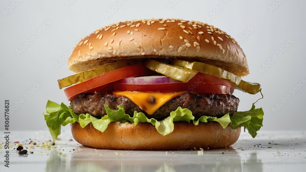 Juicy burger with toppings and melted cheddar on a sesame bun Juicy burger with toppings and melted cheddar on a sesame bun