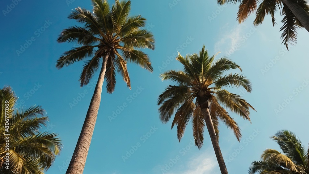 Fototapeta premium Upward view of palm trees against a serene blue sky with clouds