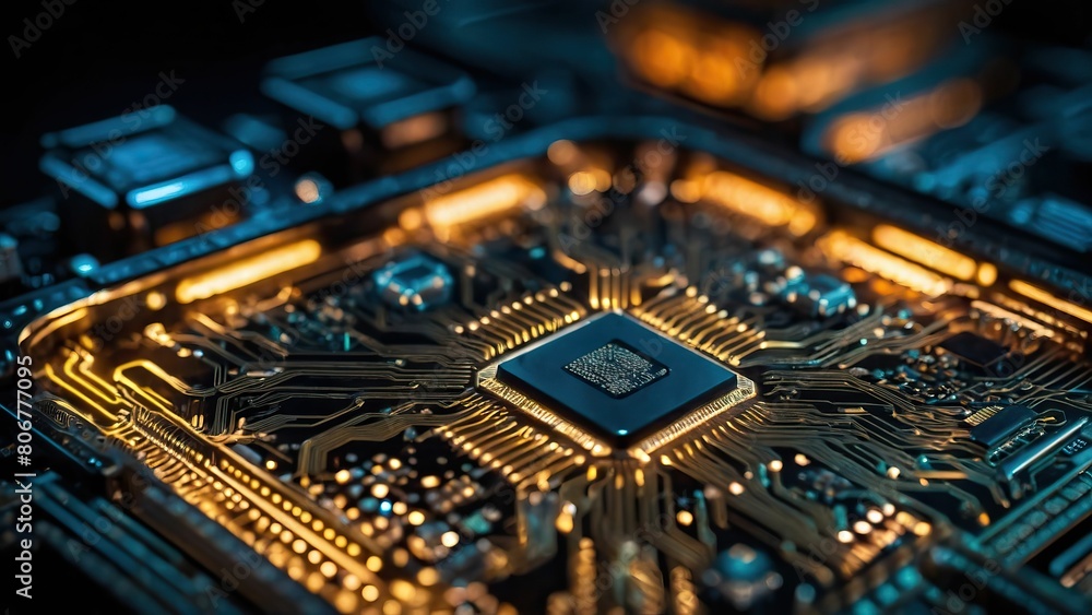 Close up of a detailed and illuminated circuit board Close up of a detailed and illuminated circuit board