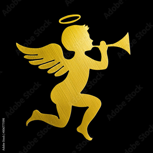ラッパを吹く天使の幼児のシルエットのゴールド素材アイコンイラスト　黒背景の切り抜き
