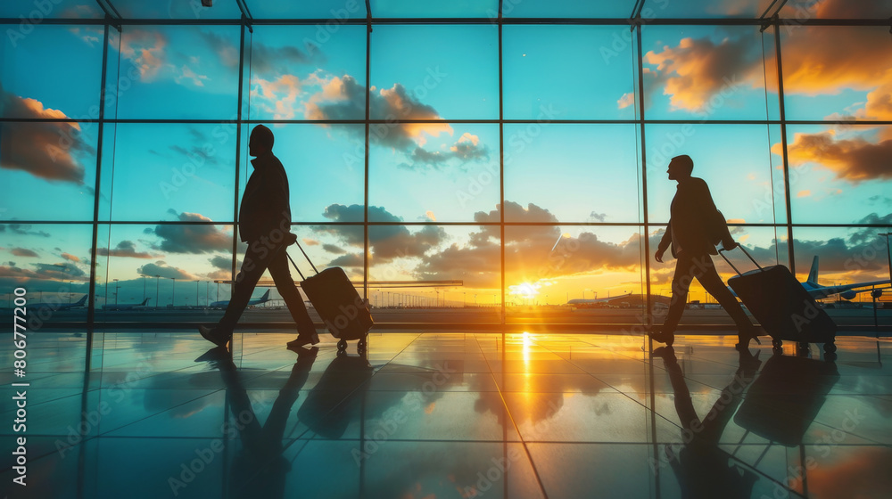 Silhouettes of two travelers with luggage walking through an airport terminal at sunset, reflecting a sense of travel and motion.