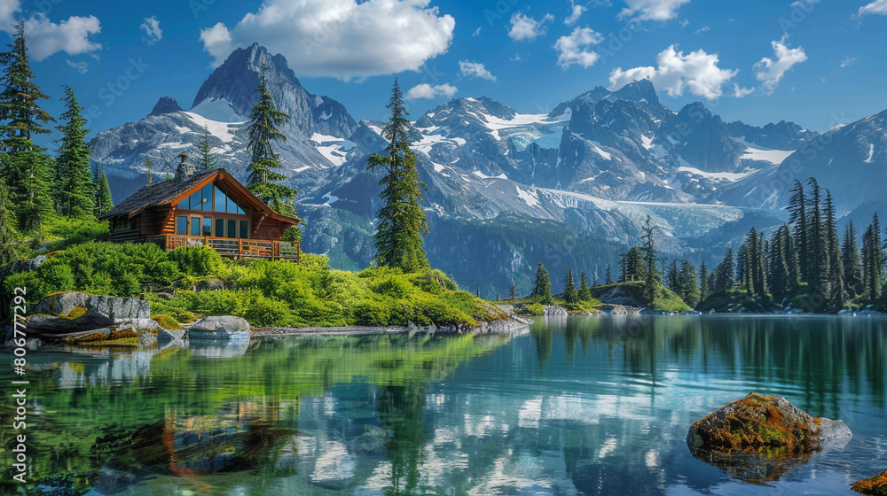 Alpine Retreat A cozy cabin nestled among snow-capped peaks in the alpine wilderness surrounded by pristine forests and crystal-clear lakes offering a secluded getaway amidst nature's beauty.
