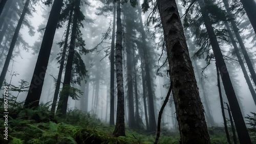 Misty mountain forest with towering green conifers