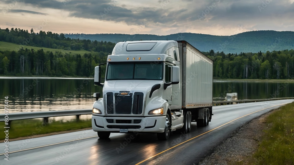 Semi truck on highway surrounded by verdant forests conveying motion Semi truck on highway surrounded by verdant forests conveying motion