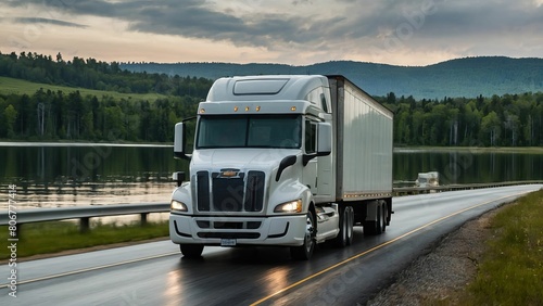 Semi truck on highway surrounded by verdant forests conveying motion © sitifatimah