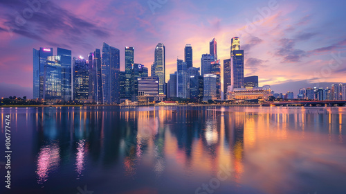 City Skyline The iconic skyline of a bustling metropolis at dusk with towering skyscrapers illuminated by the warm glow of city lights reflecting in the calm waters of a nearby river.