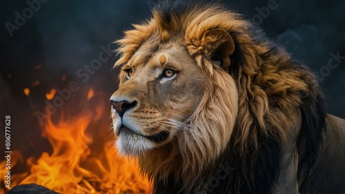 Majestic lion before a backdrop of raging flames