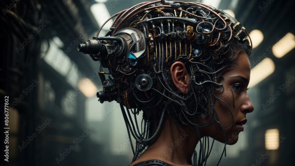頭に装置を付けた女性,Generative AI AI画像 頭に装置を付けた女性,Generative AI AI画像