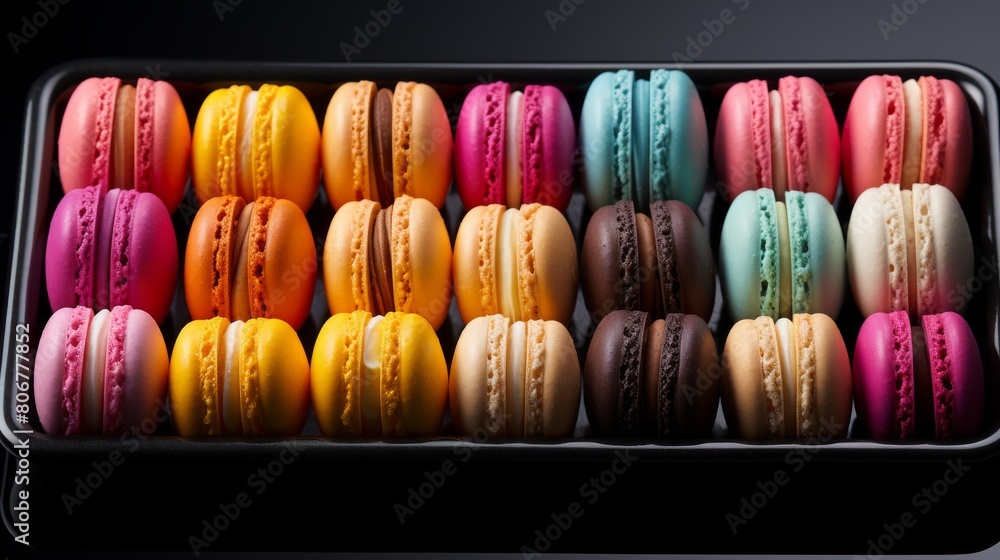 A vibrant assortment of colorful macaroons filling a box