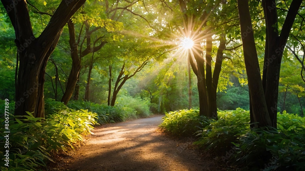 Sunlit pathway winding through vibrant green forest Sunlit pathway winding through vibrant green forest