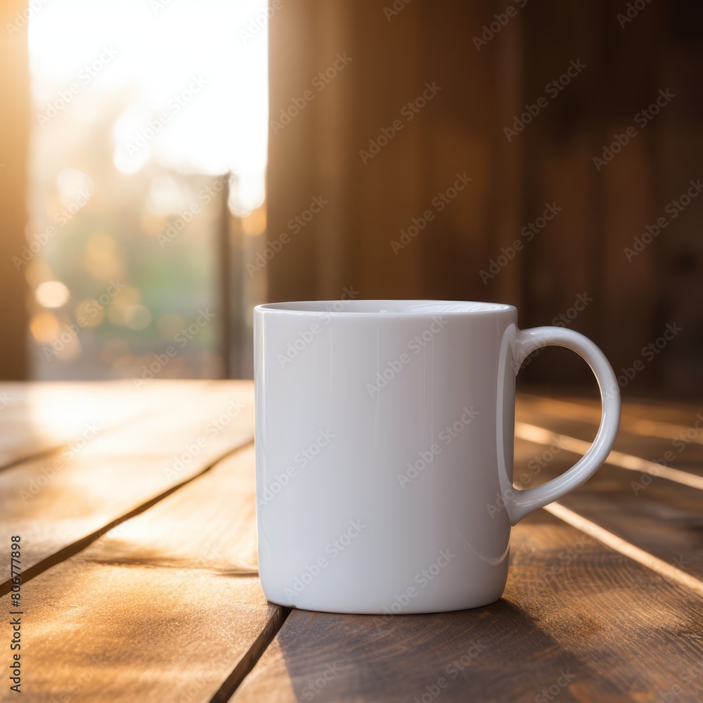 Warm and inviting scene of a white coffee mug mockup with space for text, placed on an old wood table with morning light spilling over. Warm and inviting scene of a white coffee mug mockup with space for text, placed on an old wood table with morning light spilling over.