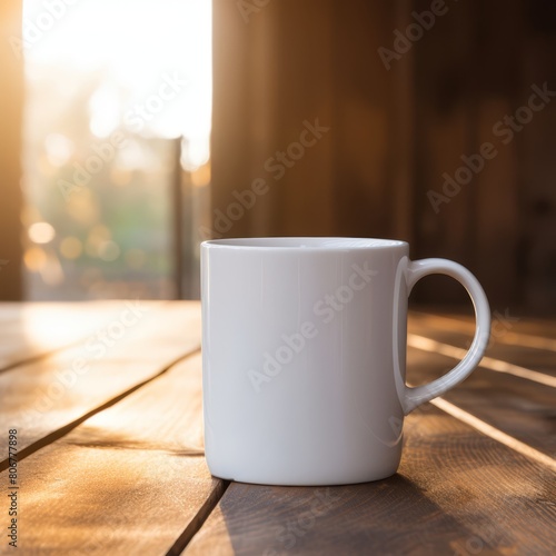 Warm and inviting scene of a white coffee mug mockup with space for text  placed on an old wood table with morning light spilling over.