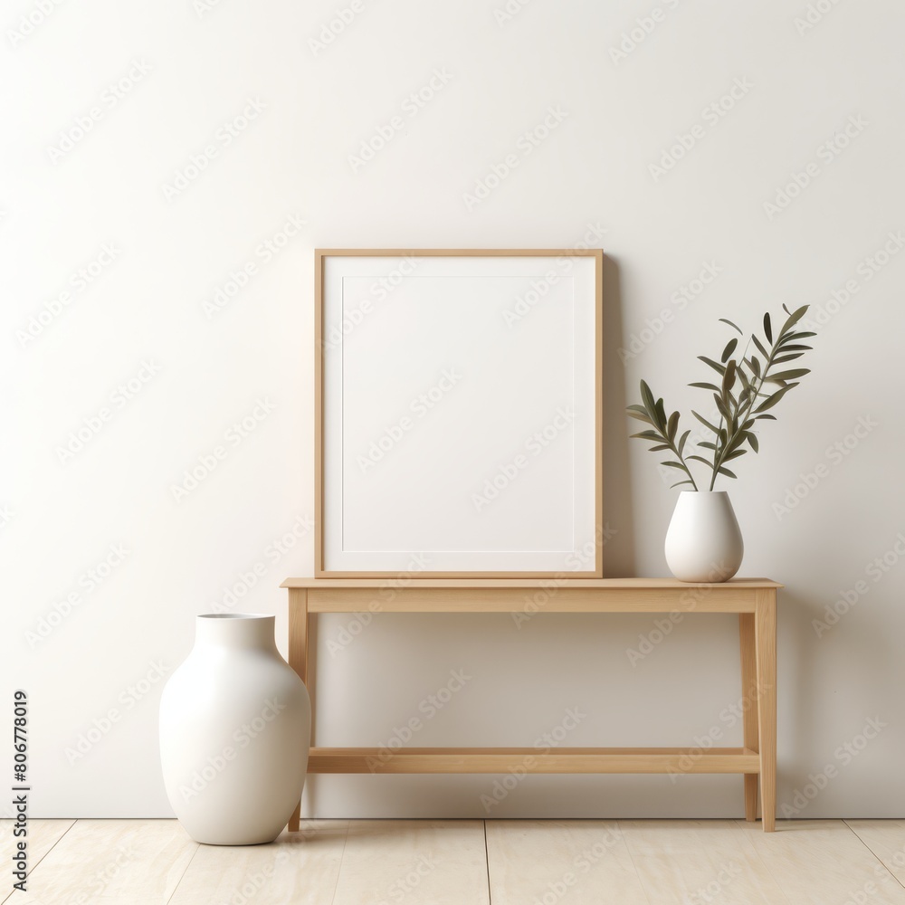 Light oak frame mockup against a clean white wall, emphasizing simplicity and minimal decor. Light oak frame mockup against a clean white wall, emphasizing simplicity and minimal decor.