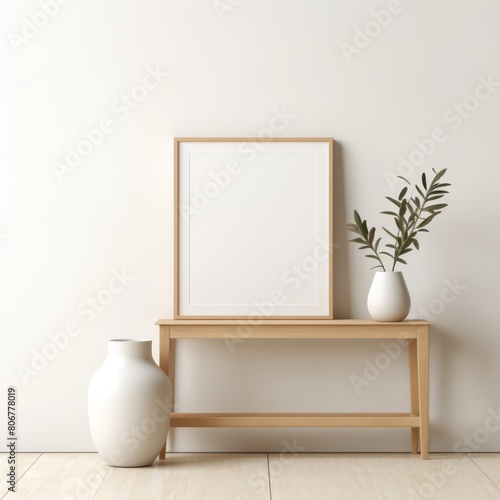 Light oak frame mockup against a clean white wall  emphasizing simplicity and minimal decor.