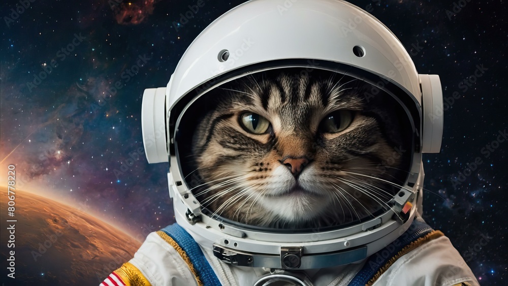 Tabby cat in an astronaut suit against Earth backdrop Tabby cat in an astronaut suit against Earth backdrop