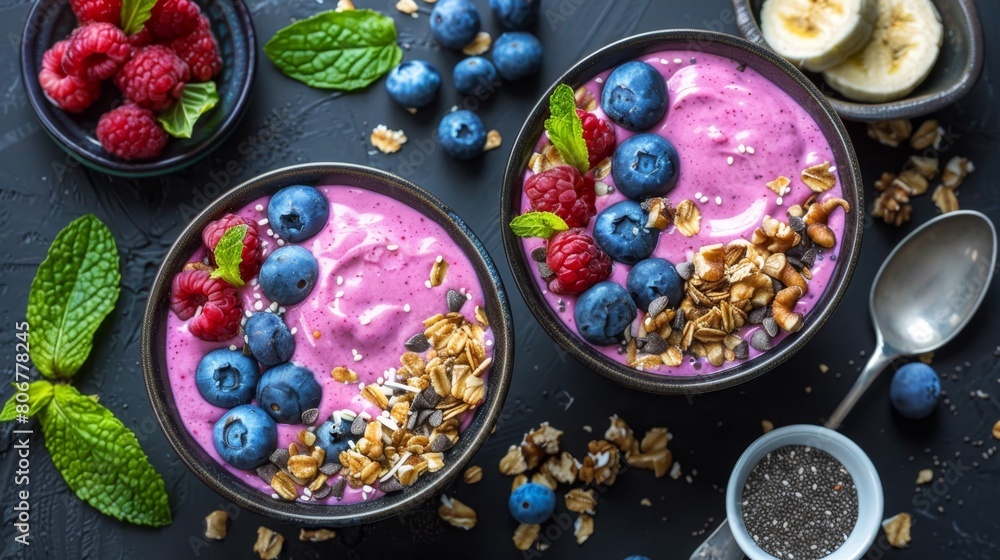 Two bowls of yogurt, each topped with berries , granola, and a spoon Two bowls of yogurt, each topped with berries , granola, and a spoon