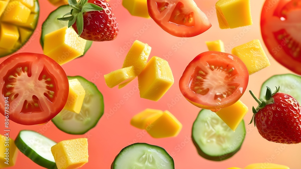 Naklejka premium Cubes of mango, strawberries, tomatoes and sliced cucumber flying up in the air, advertisement, healthy lifestyle, pastel colors background, HD, Food photography