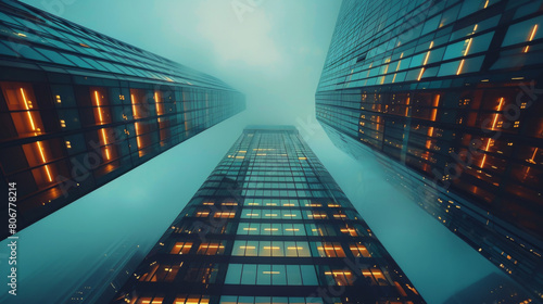 A mesmerizing view looking up at towering skyscrapers bathed in fog, with windows glowing warmly.