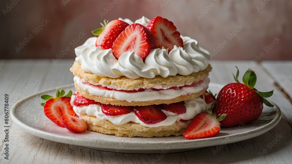 Fresh strawberry shortcake with whipped cream on a plate Fresh strawberry shortcake with whipped cream on a plate