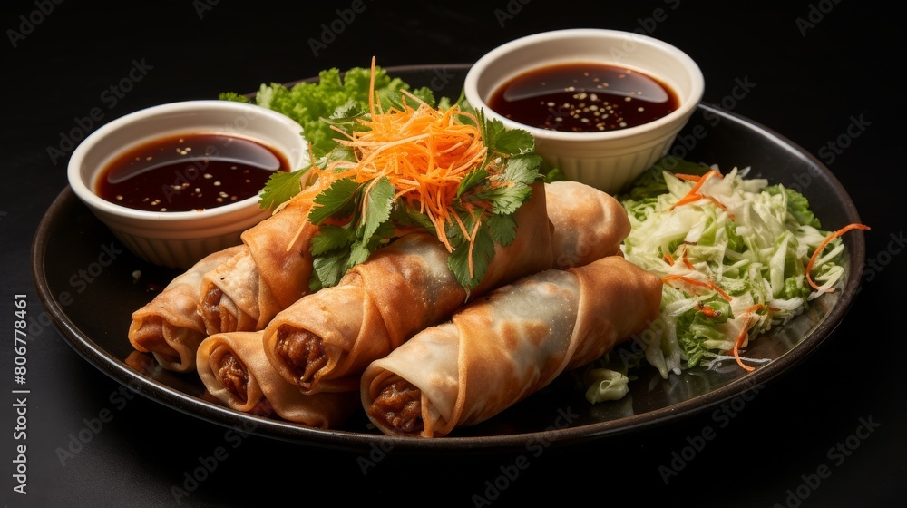 A plate of food with a variety of dipping sauces on the side, inviting a culinary exploration A plate of food with a variety of dipping sauces on the side, inviting a culinary exploration