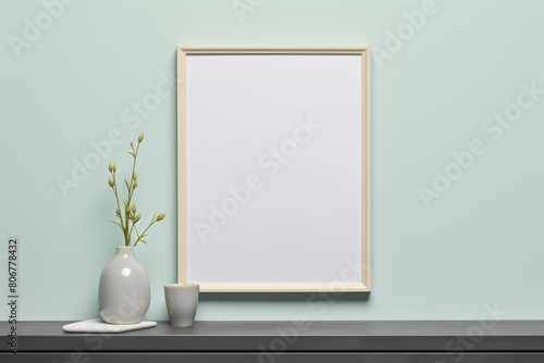 Sleek frame mockup against a minimalist pastel wall, in a room with a focus on modern, simple design,