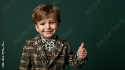 Portrait of a happy little boy in a vintage suit giving thumbs up against a dark green backdrop