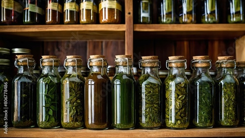 Row of labeled jars with dried basil on a wooden kitchen shelf photo