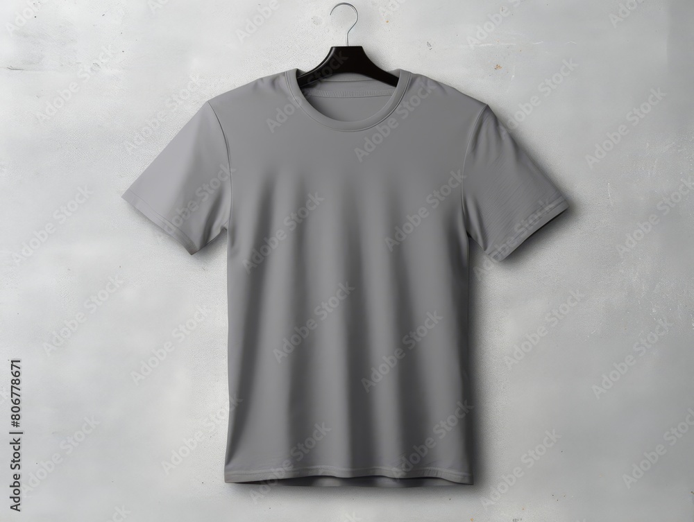 Casual t-shirt mockup, back view, displayed on a hanger against a neutral gray background, Casual t-shirt mockup, back view, displayed on a hanger against a neutral gray background,