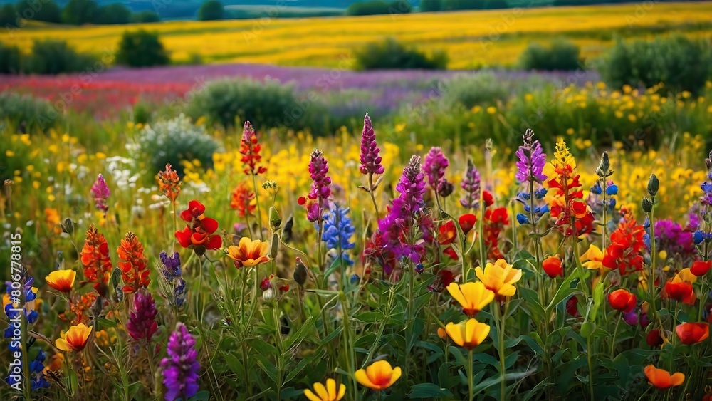 Fototapeta premium Winding countryside path through vibrant blooming meadows