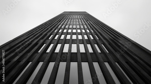  A monochrome image of a tall building's peak, adorned with numerous windows along its side