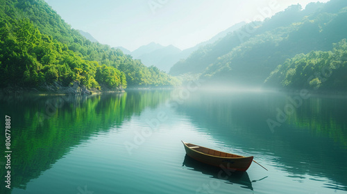 Lake Adventure A serene lake surrounded by verdant hills with a small boat gliding across the calm waters offering a peaceful escape into nature s tranquility.
