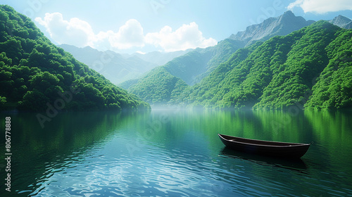 Lake Adventure A serene lake surrounded by verdant hills with a small boat gliding across the calm waters offering a peaceful escape into nature s tranquility.
