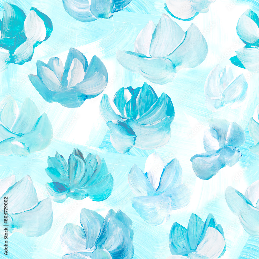 Seamless pattern of abstract painting blue flowers, original hand drawn, impressionism style, color texture, brush strokes of paint, art background. Seamless pattern of abstract painting blue flowers, original hand drawn, impressionism style, color texture, brush strokes of paint, art background.