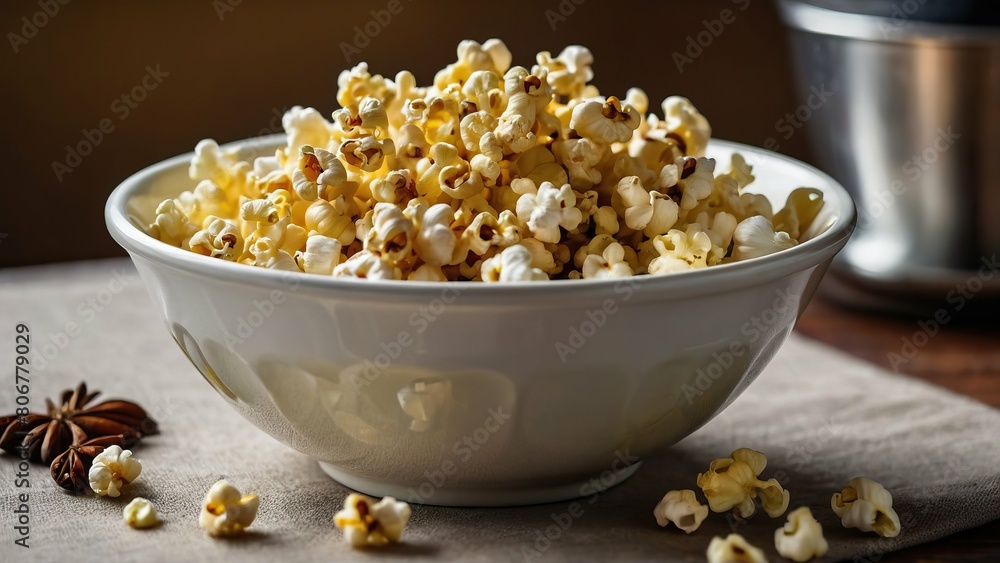Buttery popcorn in a bowl with a cozy home background Buttery popcorn in a bowl with a cozy home background