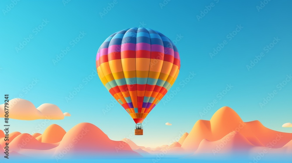 Fototapeta premium A vividly colored hot air balloon gracefully soars through a bright blue sky