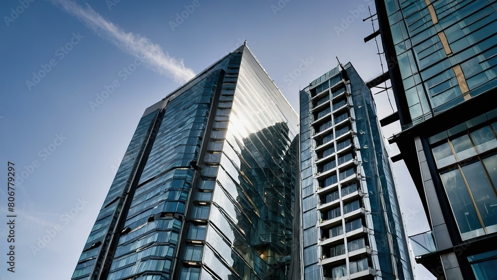 Low angle view of reflective glass skyscrapers against cloudy sky