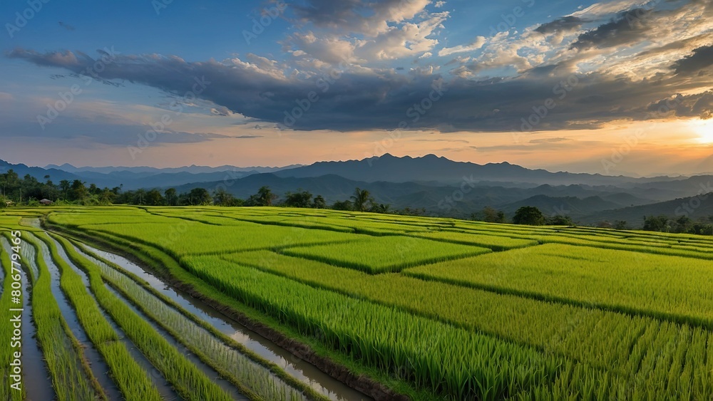 Green rice fields with reflections in Mae Cham, mountain backdrop